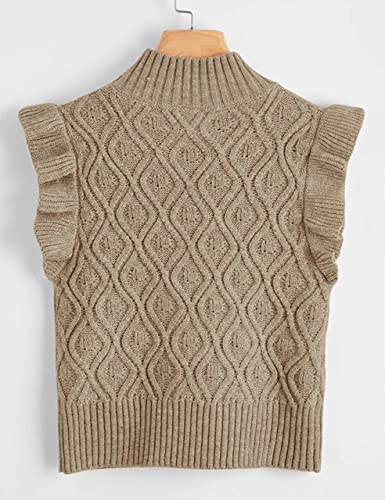 Missactiver Women’s Ruffle Armhole Solid Sweater Vest Casual Mock Neck Sleeveless Knitted Sweater Streetwear Khaki #TOP1