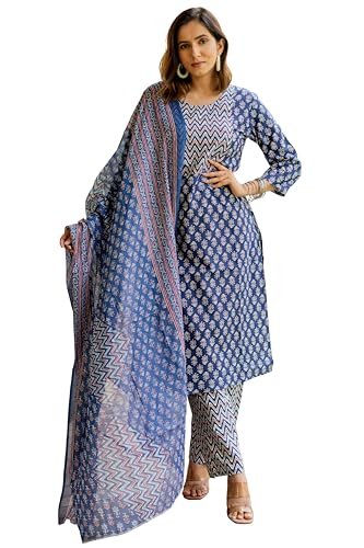 Image of MIRCHI FASHION Women's Straight Fit Pure Cotton Embellished Floral Printed Kurta Set with Dupatta and Trouser