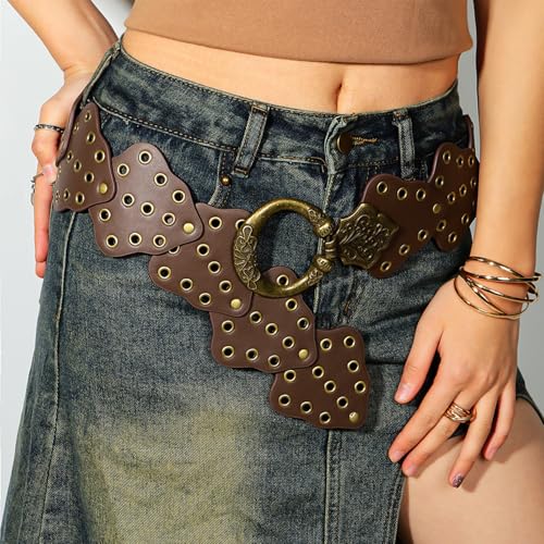 NICENEEDED Women Wide Disc Belt, Women's Y2k Vintage Leather Hollow Out Round Belts Chunky Cowgirl Belt, Metal Buckle Western Boho Chic Dress Waist Belt4
