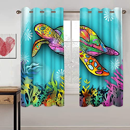 Vividhome Window Treatment Set Sea Turtle Ocean Animal Landscape Print Blackout Window Curtains 2 Drape Panels Curtains For Kid Room Living Room Laundry Bedroom #TOP1