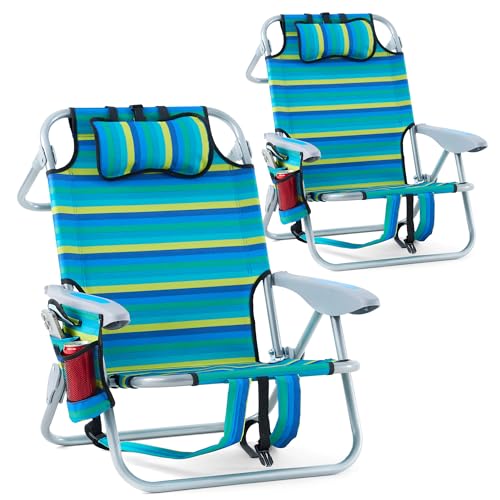 Canpsky 2 Pack Lightweight Portable Recliners Chair for Adults, Outdoor Lay Flat Folding Beach Chairs with 5 Positions, Backpack Beach Chair with Towel Bar, Zipper Pouch, Cup Holder, Yellow Green