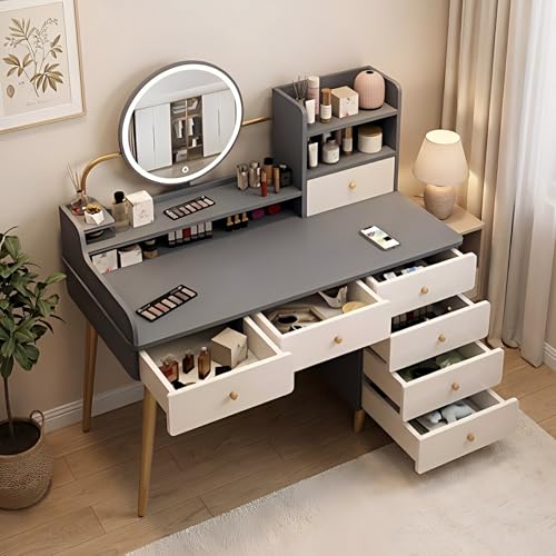 Catálogo para Comprar On-line Tocador Walmart para comprar hoy. 46 KINKUNCO Escritorio de Maquillaje Gris con Espejo Redondo Ajustable, 7 Cajones y Estantería, Mesa de Toilette con Banco, Mueble de Dormitorio Moderno para Cosméticos y Joyas