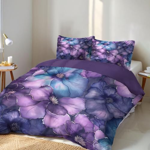 Parure de lit bleu violet floral 240x260 cm avec 2 taies d'oreiller