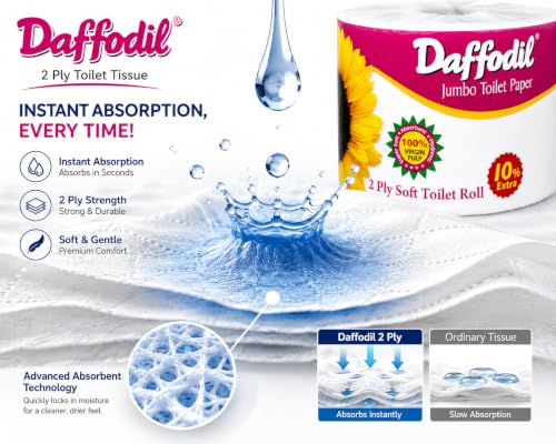 Image of DAFFODIL 2 Ply Toilet Tissue Roll - 1 Roll (1200 Sheets) | Ultra Soft, Strong & Absorbent Bathroom Tissue Paper | Long Lasting Toilet Roll for Home, Office & Commercial Use