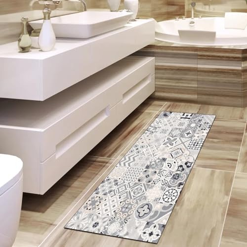 Alfombra de pasillo gris antideslizante con diseño boho lavable 4