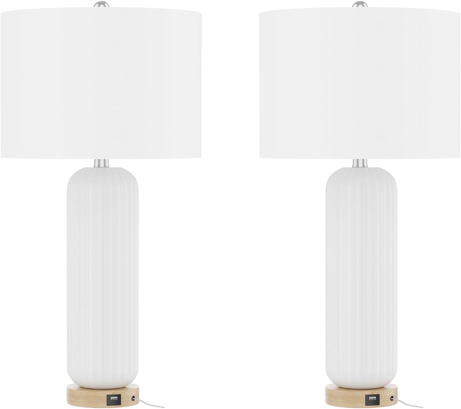 Maxax 28" Ceramic Table Lamps Set of 2, White Modern Nightstand Lamp with USB Charging Port, 3 Way Dimmable Bedside Lamp with Linen Shades for Bedroom, Living Room and Office