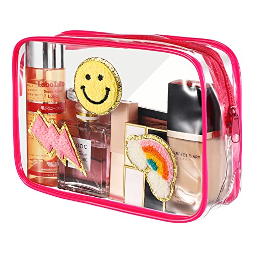 Preppy Patch Clear Toiletry Bag with zipper Clear Pouch Portable Waterproof Makeup Bag Multipurpose Transparent Cosmetic Bag PVC Storage Purse for Women Gift Travel(Pink, Lightning)