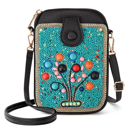 Image of Women's Small Crossbody Cell Phone Bag, Boho Colorful Beaded Purse Wallet with Handmade Cute Patterns
