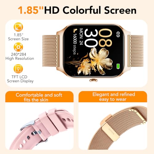 Image of CASCHO Smart Watches for Women (Android /iOS), 1.85 inch HD Smart Watch with Calls /Messages /AI Voice Control, Sleep /Heart Rate Monitor,120+ Sports Modes Fitness Tracker Watch, Rose Gold with 2 Bands