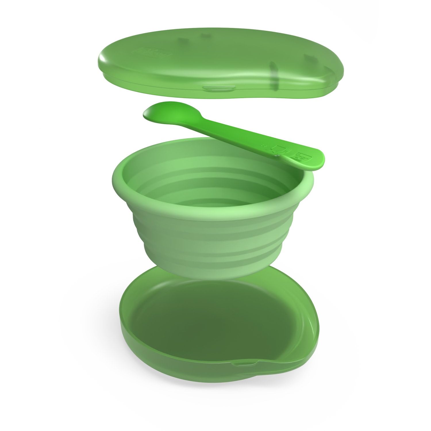 Chicco Set de Comida de Viaje, Plato plegable de silicona de 250 ml, Cuchara práctica, Funda compacta, Ideal para viajar, Kit de comida portátil, Cómodo y fácil de transportar, 6 meses+, Verde