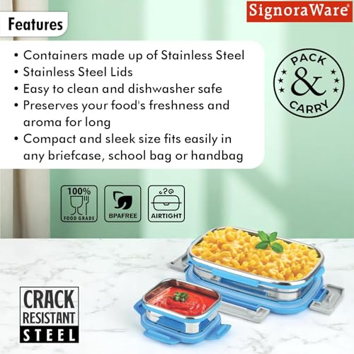 Image of SignoraWare Quickmeal Stainless Steel Small Lunch Box | Airtight & Leakproof | Portion Control | Easy to Carry | Ideal for Office, School, Kids & Travel (650ml + 130ml | TBlue)