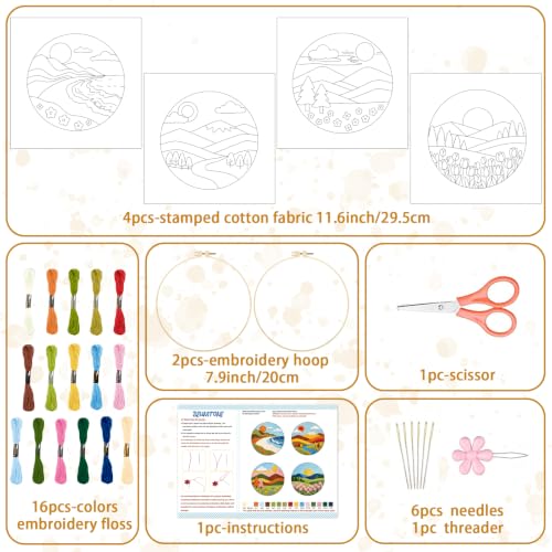 Image of BEUNITONE 4 Set Embroidery Kit for Adults Beginner with Hoops & Instruction | Easy to Learn Landscape Stamped Embroidery Patterns, Includes Multiple Accessories, Gift for Craft Lovers Relaxation