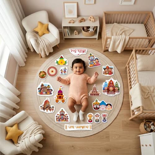 Image of Rath Yatra Theme Baby Photoshoot Props | Premium 250 GSM Card Paper Cutouts | 15+ Colorful Cartoon Chariot, Temple | Hindu Festival Decor for Newborns & Kids
