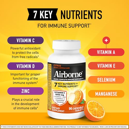 Image of Airborne Vitamin C 1000mg (per Serving) - Citrus Chewable Tablets (96 Count in a Box) - Packaging May Vary