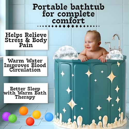 Image of Foldable Adult Bath Tub for Home Spa | Large Portable Bathtub with Backrest & Handle | Insulated Folding Tub for Hot & Cold Soak, Ice Bath, Bubble Bath & Relaxing Spa (Green Star Bathtub)