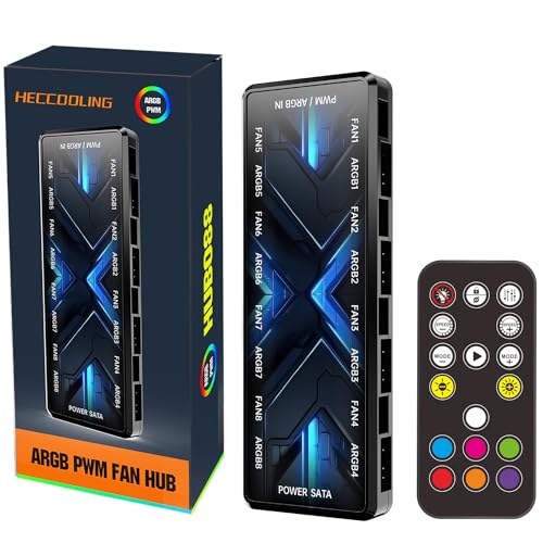 ARGB PWM Fan Hub, Addressable 5V 3PIN 12V 4PIN PWM 2-in-1 RGB Case Fan Hub with Controller, PSU SATA Power Input, 8 Port for Fans and 8 Port for LEDs,Support 8 Computer ARGB PWM PC Fans