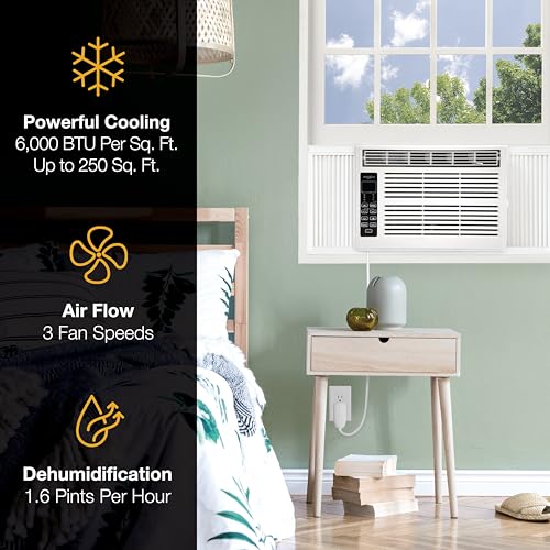 Image of Whirlpool 6,000 BTU Window Air Conditioner with Dehumidifier, Timer, White | Dehumidifier, 115V, Remote Control, Digital Display, 24H-Timer for Rooms up to 250 Sq. Ft., Living Room, Bedroom, or Kitchen