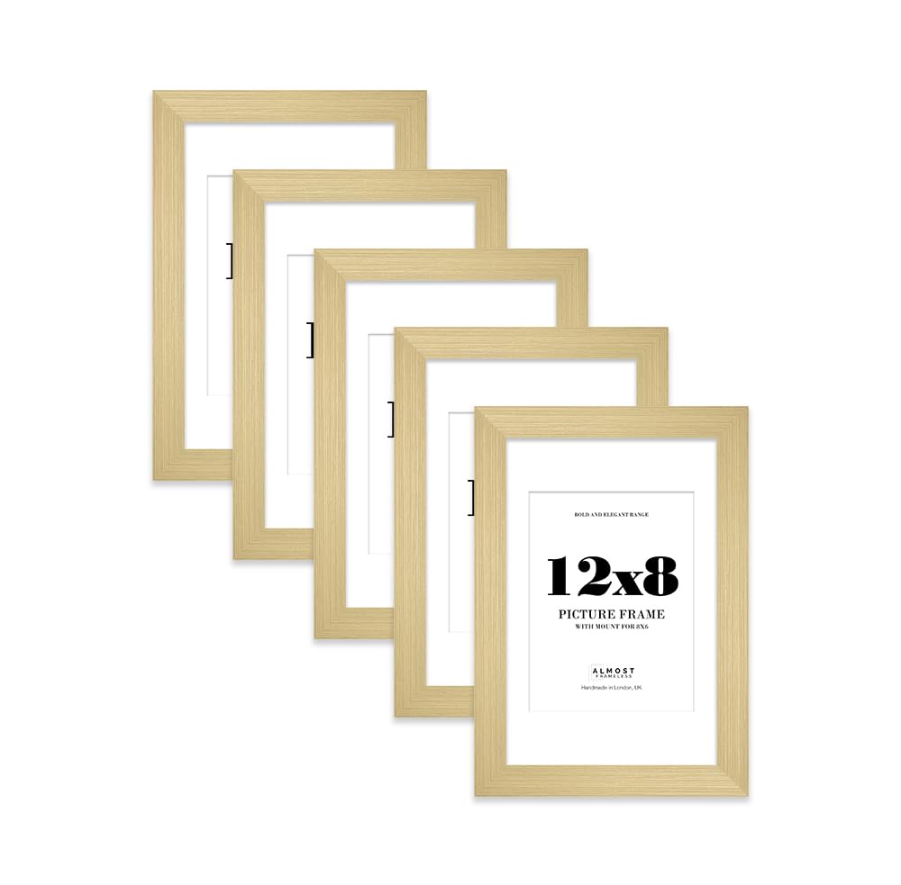 12x8 Gold Frame With Mount for 8x6 Pictures 28mm Edge Portrait and Landscape Display with Wall Hooks and Kickstand, 5 Pack