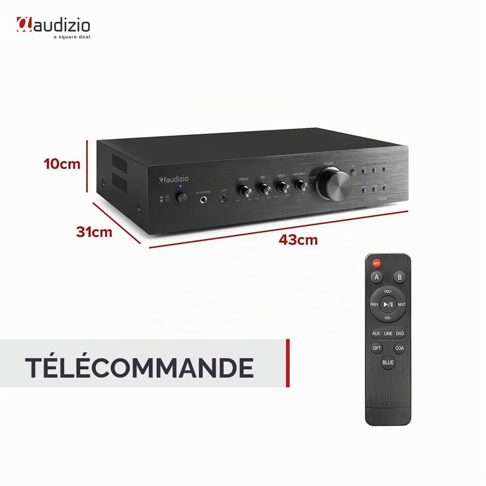 Audizio AD220B Amplificateur HiFi Bluetooth 2.1 - Noir, 400 Watts, 4 Ohms, 2 Sorties Enceintes, 1 Sortie Sub, Lecteur MP3, Égaliseur de Son, Idéal pour Vos Films et Écouter Votre Musique