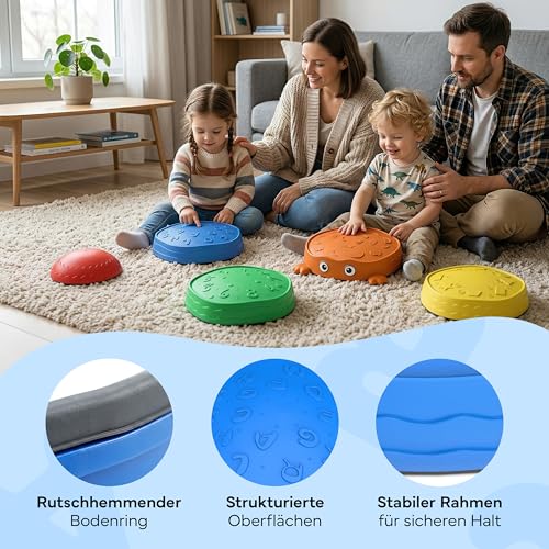 NEOLYMP Balanciersteine Kinder 5er Set – Stapelsteine ab 2 Jahre rutschfeste Trittsteine Indoor Outdoor, Motorik Spielzeug für Balance & Koordination (Balanciersteine Kinder 5er Set)