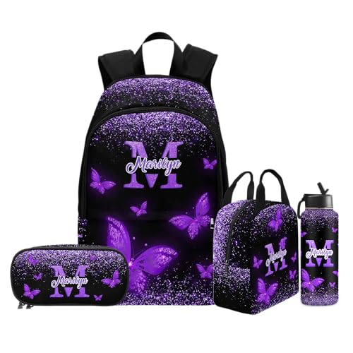 M YESCUSTOM Custom Kids Girls Backpack with Lunch Bag Set, Personalized Butterfly School Bags Bookbag Water Bottle for Girls Toddler Back to School Travel Bag