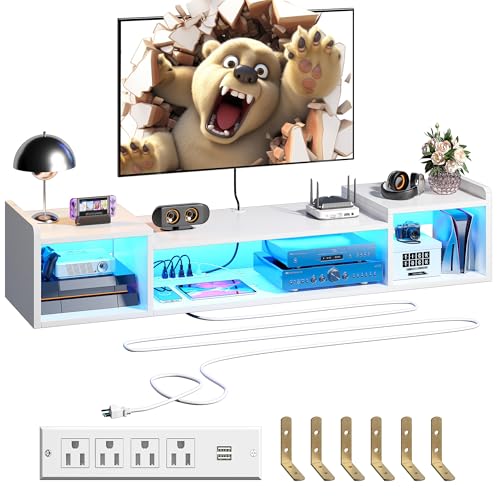 55.1"W Floating TV Stand with LED Lights & Power Outlets