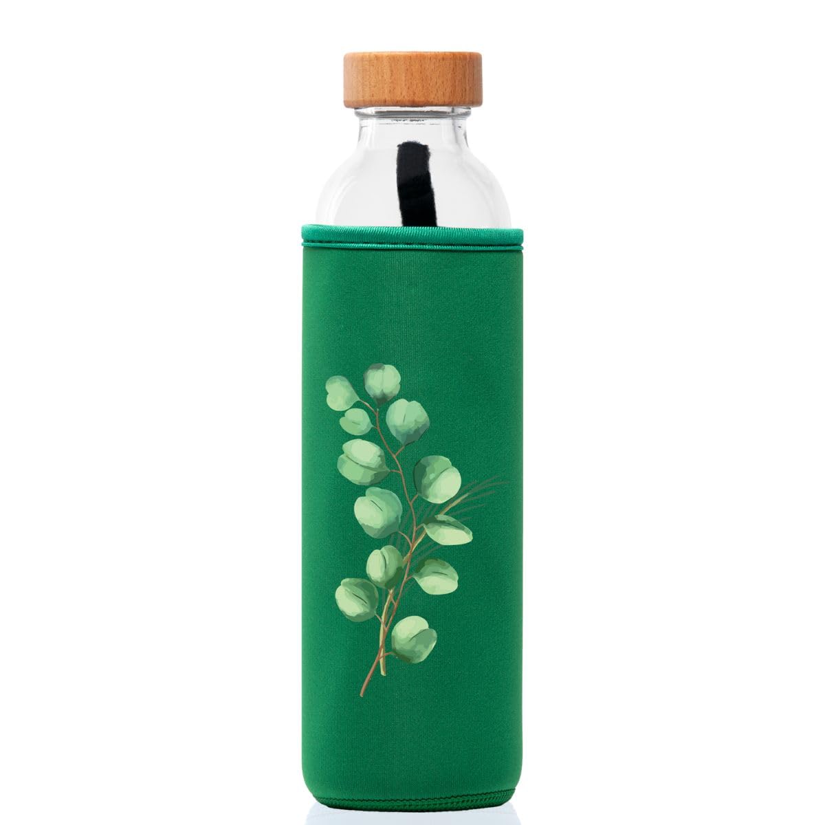 FLASKA | Bouteille d'eau en verre | 500 ml | Sans BPA | Couvercle à vis | Housse en néoprène | Idéal pour le sport, le bureau, le yoga | Structure de l'eau | Evergreen