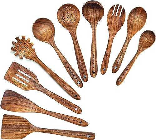 Holzlöffel zum Kochen, Holz-Kochutensilien, 10-teiliges Küchenutensilien-Set, Holzutensilien zum Kochen, 100% natürliches Teakholz, Holzspatel zum Kochen