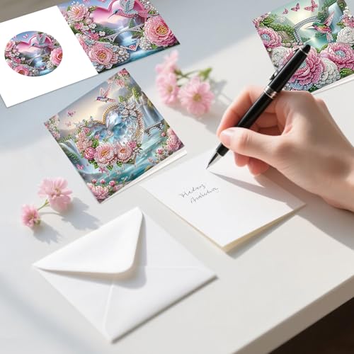 Image of 6 Pack Diamond Art Greeting Cards with Envelopes, Flowers and Hummingbirds DIY 5D Diamond Painting Card Kit, Handmade Rhinestone Postcards for Birthday & Valentine's Day Wishes (30x15cm)