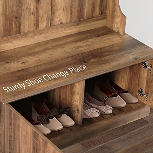 Yokstore Hall Tree With Storage Bench, Entryway Wooden Bench With Coat Rack, 71 Inch Hall Tree With Shoe Storage Cabinet And 4 Double Hooks, Wooden Seat, Rustic Brown Yk-Ht-Us #TOP5