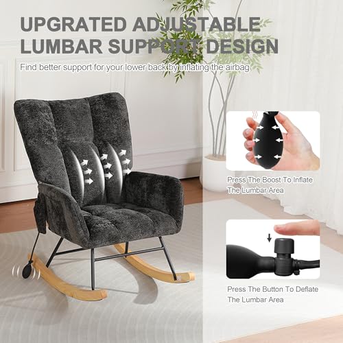 Image of Rocking Chair Nursery with Airbag, Nursery Rocking Reading Chair Indoor, Cozy Upholstered Glider Rocker Chairs with High Backrest for Living Room Bedroom Offices(Chenille, Black)