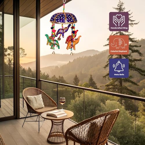 Image of Rajasthani Multicolor Elephants Jhoomer with Bell - Decorative Wind Chimes for Door & Wall Hanging, Ideal Home Decor & Gift Showpiece (Blue)