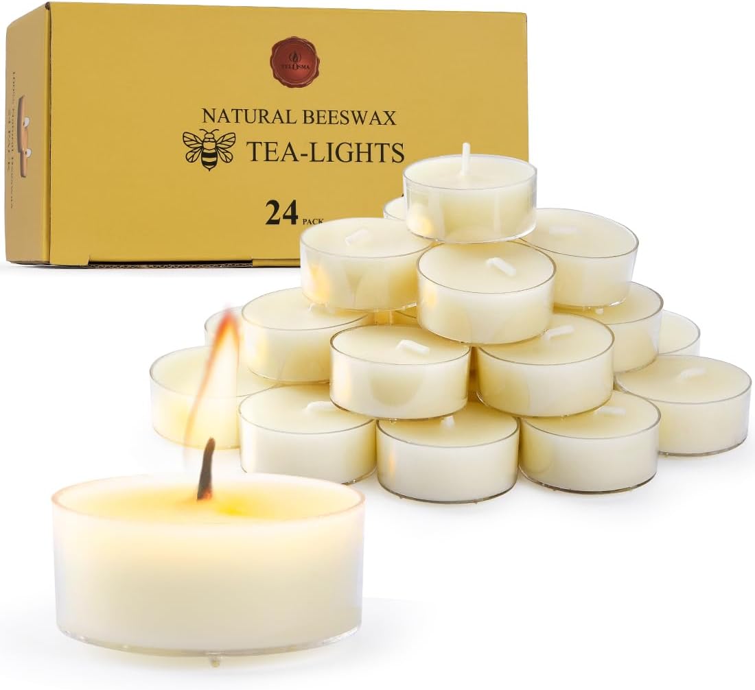 TELOSMA Natural Beeswax Tealight Candles - 24 pcs - Organic Small Candle Natural Scent Smokeless Clean Burning-White