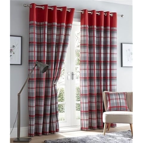 Tamersgifts Red Grey Tartan Eyelet Curtains Cover