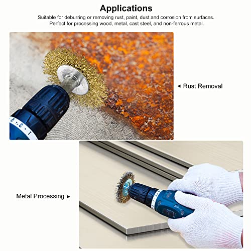 Image of uxcell Wire Wheel Brush, 1.57 inch x 1.61 inch Stainless Steel Brass Plated Coarse Crimped Wire 0.012 inch with 1 /4 inch (6mm) Round Shank for Cleaning Rust Stripping Abrasive