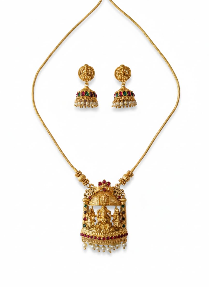 Antique Matte Gold Plated Temple Jewelry Pendant Set | Lord Ganesha in Mantap Design Necklace with Chain & Matching Jhumka Earrings | Ruby Red & Emerald Green Kemp Stones | Traditional South Indian Ethnic Wear-image-34