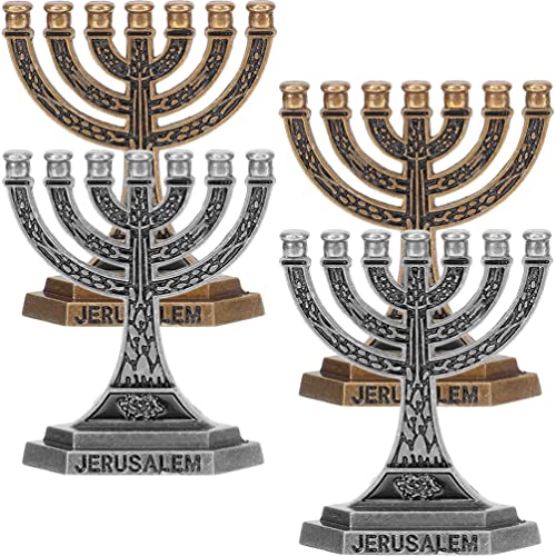 Tofficu 4Pcs Hanukkah Menorah 7 Branch Chanukah Candle Minorah One Week Candlestick Jewish Candle Holder Metal Religious Menorah Jerusalem Candlesticks Stand For Home #TOP19