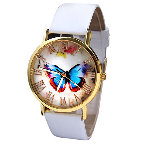 Tonsee Stylish Butterfly Leather Band Analog Quartz Wrist Watch (White)