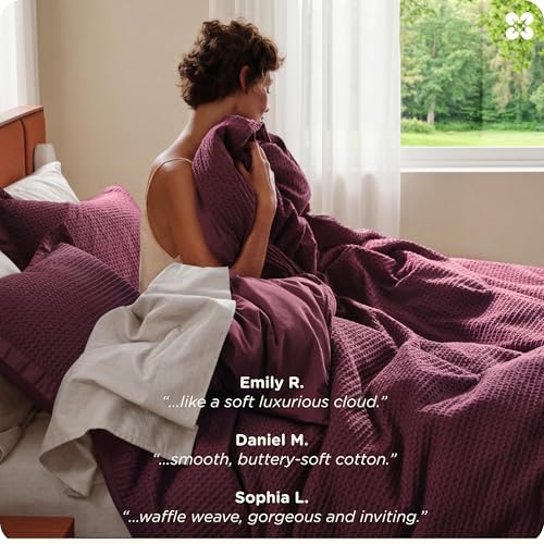 Image of Bedsure Cotton Duvet Cover King - 100% Cotton Waffle Weave Burgundy Duvet Cover King Size, PureWoven Breathable Bedding Set for All Season, 3 Pieces, 104 inchx90 inch