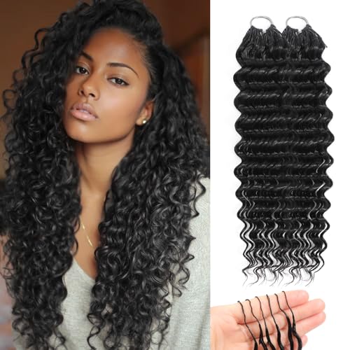 Human Crochet Hair for Black Women 18 Inch 60g Miracle Knots Hair Deep Wave Feather Crochet Human Hair Bundles Invisible Boho Crochet Hair Extensions 38 Strands Natural Black
