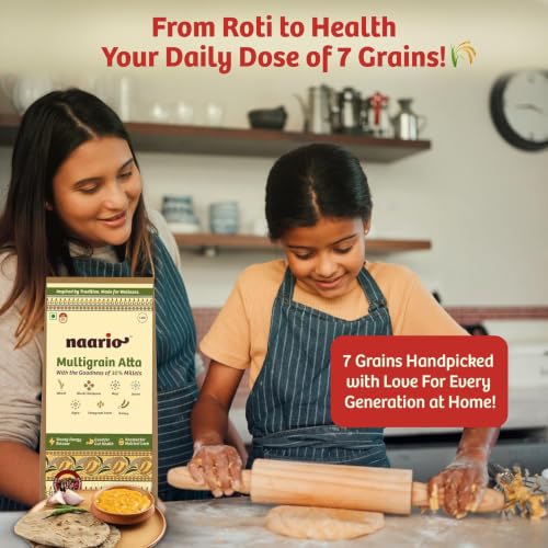 Image of Naario Multigrain Atta | 40% More Fibre Per Roti vs Wheat | Low GI | Diabetic Friendly | 30%+ Millets | Methi Dana for Blood Sugar | 7 Grains Roasted Atta | No Maida | 5kg (1kg x 5)