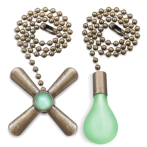 Dotlite 2Pack Bronze Ceiling Fan Pull Chains Glow in the Dark,3mm Diameter Beaded Decorative Light Pull Chain Pendant Extension, Fan and Bulb Shaped Ornaments Cord Extender