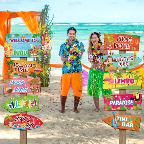 Image of 20 Pieces Luau Party Decorations Hawaiian Party Welcome Sign Summer Tropical Party Direction Signs for Fiesta Hawaiian Luau Tiki Themed Birthday Wedding Party Supplies with 2 Sheet Stickers
