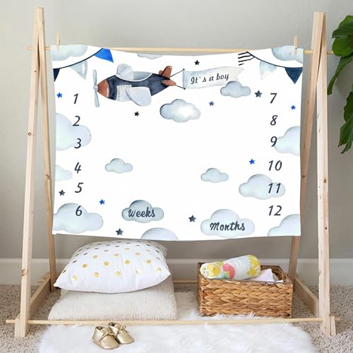 Image of Airplane Theme Baby Monthly Milestone Blanket for Boys, Soft Flannel Aircraft Pilot Cloud Stars Pattern Photography Prop Baby Shower Age Newborn Mom Gifts Nursery Decor (Blue, 48x40in)