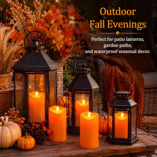 Image of Homemory Halloween Orange Waterproof LED Candles, Remote Timer, Set of 2 | Flameless candles, D3 x H6 in, plastic shell, indoor outdoor fall decor, porch, patio, pathway, lantern and pumpkin displays