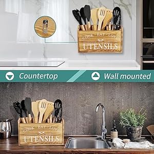 Kitchen Utensil Holder for Countertop, Large Solid Wood Farmhouse Cooking Utensils Organizer for Kitchen Counter, 3 Compartments Utensil Spoon Holder Kitchen Tool Storage for Home Decor (Burned wood) Kitchen Utensil Holder for Countertop Large Solid Wood Farmhouse Cooking Utensils Organizer for Kitchen Counter 3 Compartments Utensil Spoon Holder Kitchen Tool Storage for Home Decor Burned wood