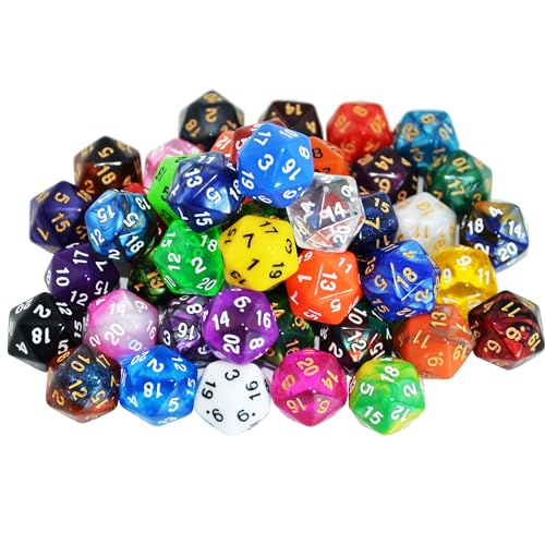 SmartDealsPro 50-Pack D20 20 Sided Dice Polyhedral Dice with Pouch for DND RPG MTG Table Game (D20 Mix Color)