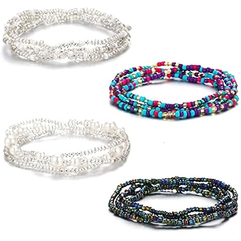 Waist Beads Belly Chain for Women African Colorful Elastic Belly Beads Waist Chain Beach Bikini Body Jewellry for Women and Girls(4pcs-C-100) Cover