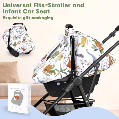 Image of Hooyax Baby Car Seat Cover with Dual Zipper, Extra Large Mesh Window Carseat Canopy, All-Season Weather Protection for Infant Car Seats & Strollers (Dinosaur)
