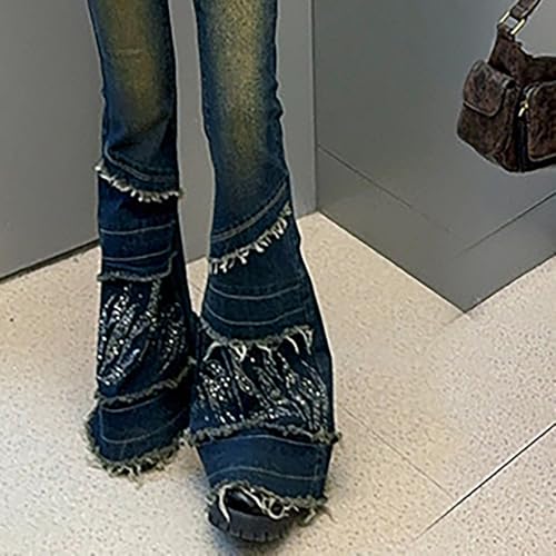 Kids Girl 𝗩intage Flared Jeans Elastic Waist Baggy Denim Pants Streetwear 𝗬2K 𝗥aw 𝗛em Trousers with Pocket4